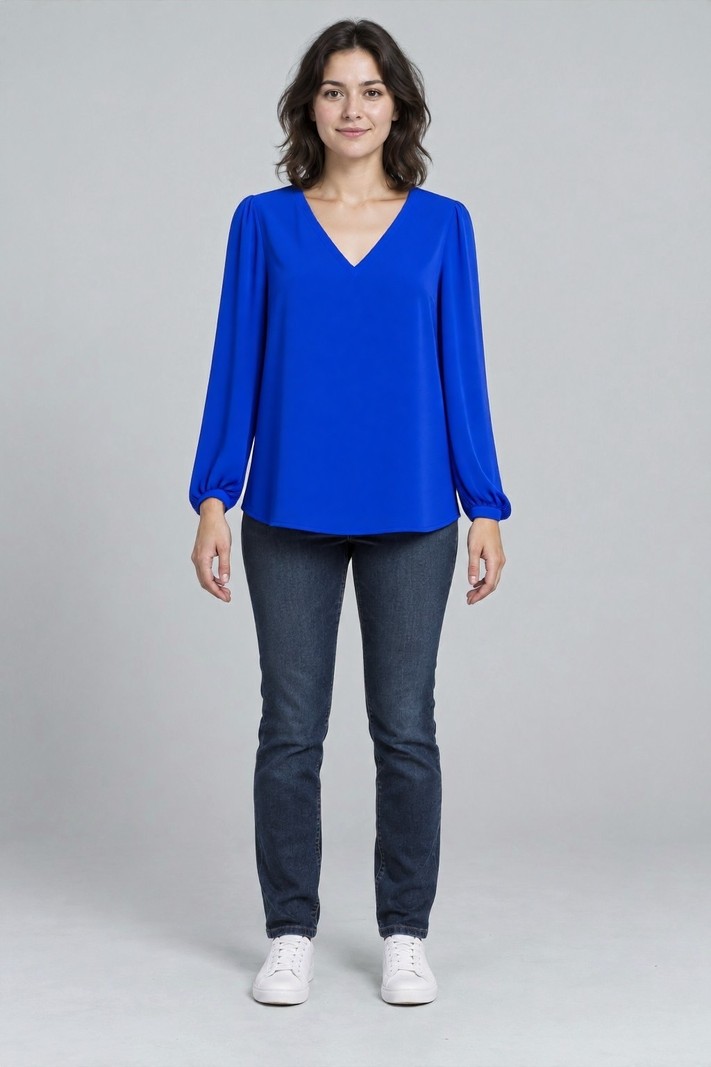 Recorded YouCam result: synthetic shopper wearing a cobalt V-neck blouse